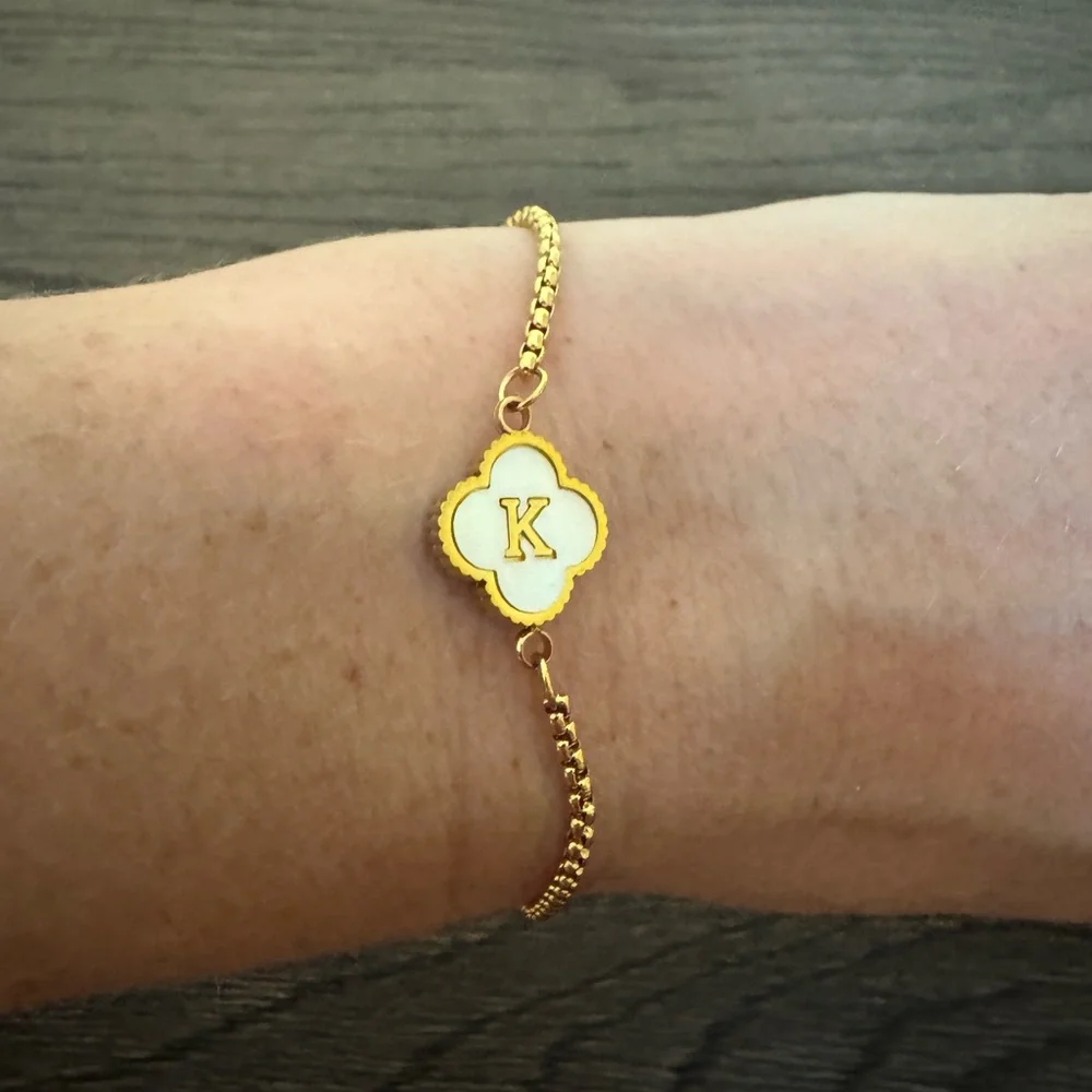 NWOT Gold Plated Mother of Pearl Initial Clover Bracelet in Letter “K”